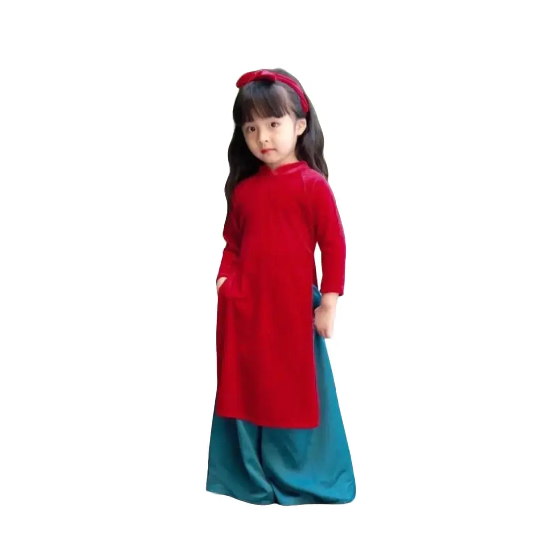 Bộ sét áo dài nhung cho bé tặng kèm bờm, kết hợp với quần đen/đỏ/trắng/xanh váy búp gấu set dạ đầm tua bạch nhân vật khóa kéo đuôi tặng kèm dây buộc tóc nhung  da