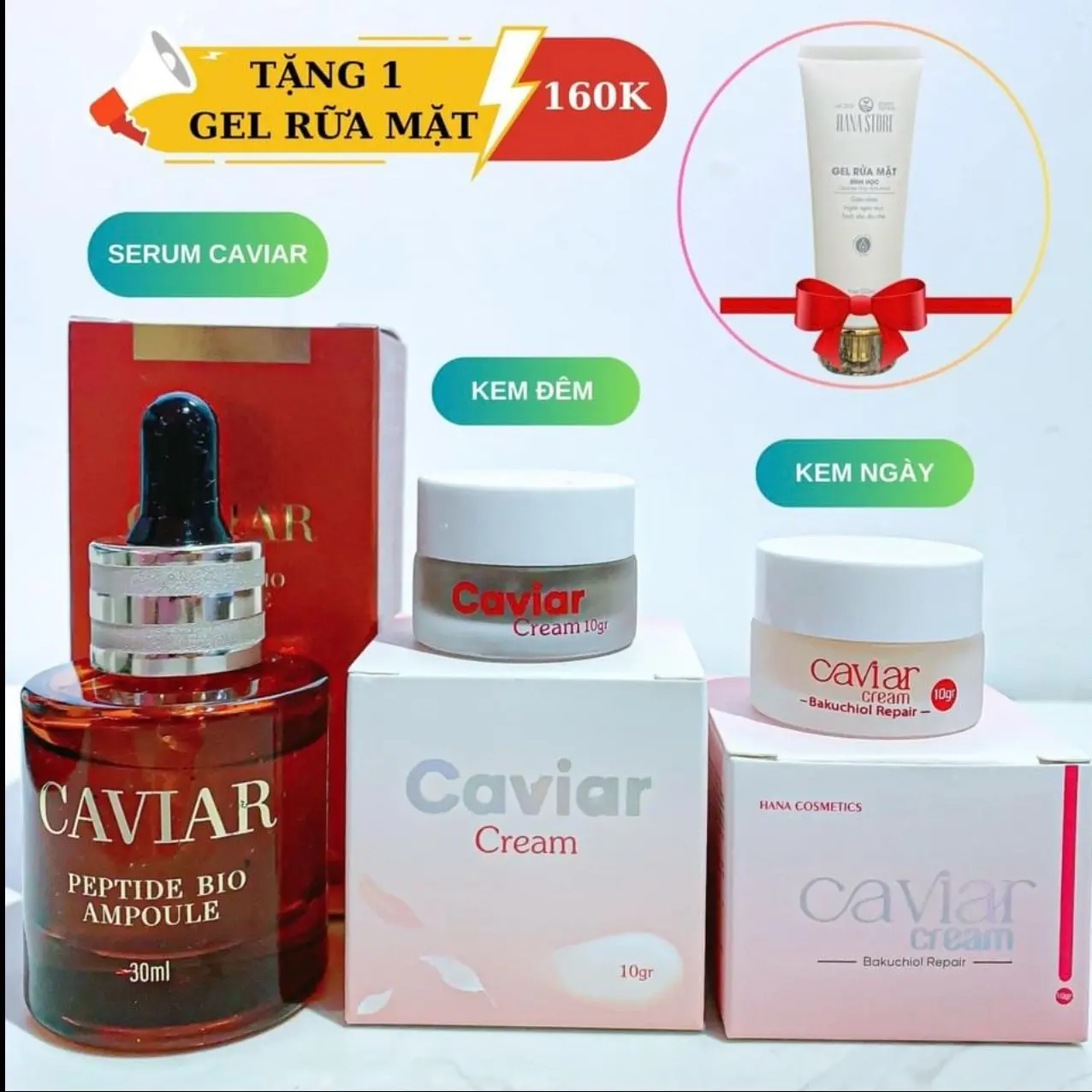 Combo Kem ngày Bakuchiol + Kem đêm Caviar 10g + Serum dưỡng Caviar. Tặng 1 tuýp Gel sửa rửa mặt sinh học  Skincare