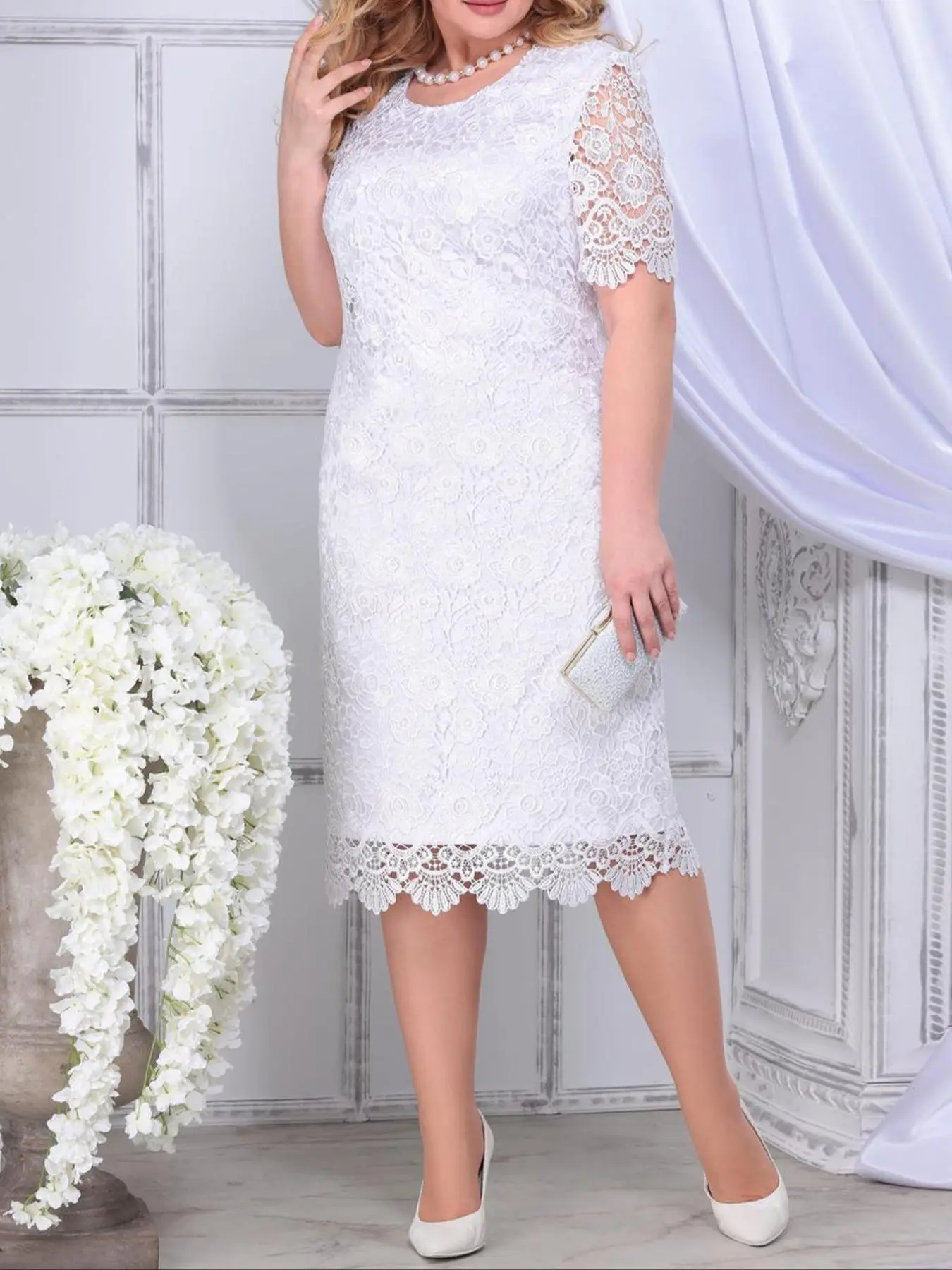 【 Plus Size】 Floral Lace Zipper Back Dress, Elegant Round Neck Short Sleeve Midi Dress for Party Wedding Guest, Women's Clothes for Summer