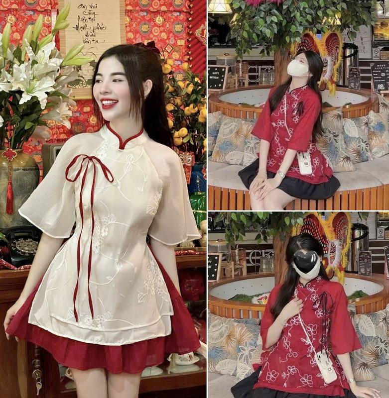 Sét đồ nữ mặc tết áo voan tơ thêu 2 lớp tay lỡ cổ tàu đính dây cột nơ kèm chân váy tơ xòe ngắn cực xinh - Women