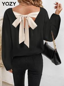 YOZY Women's Bishop Sleeve Tie Back Blouse, Casual V Neck Long Sleeve Top for Daily Wear, Ladies Clothes for All Seasons