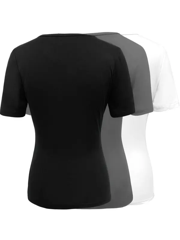 Women's Plain Deep V Neck Tee, Casual Elegant Fitted Summer Clothes, Basic Minimalist Fit Comfort Short Sleeve T-shirt Tee for Summer, Lady Top Clothes for Daily Wear, Chic Womenswear, Going Out Tops, T-shirt Girlfriend, Womenswear, Tshirt, Shortsleeve 5