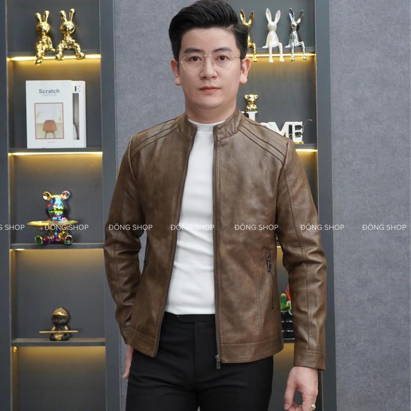 Áo Da nam cổ tàu 8008 phối cầu vai , aokhoac nam hàng quảng châu cao cấp - lót lông nhung - khoá tay kéo áo khoác áo da ao da áo da Menswear Jacket