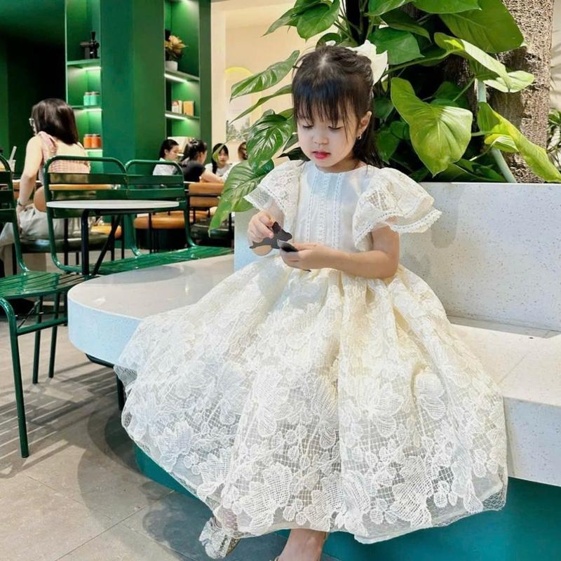 DL48 Váy trắng công chúa cho bé diệu linh shop kids - váy cho bé thiết kế chất liệu ren chỉ cao cấp tay cánh tiên 2 lớp chân váy xoè bồng bềnh cho bé diện đi tiệc xinh xắn size 9-35kg