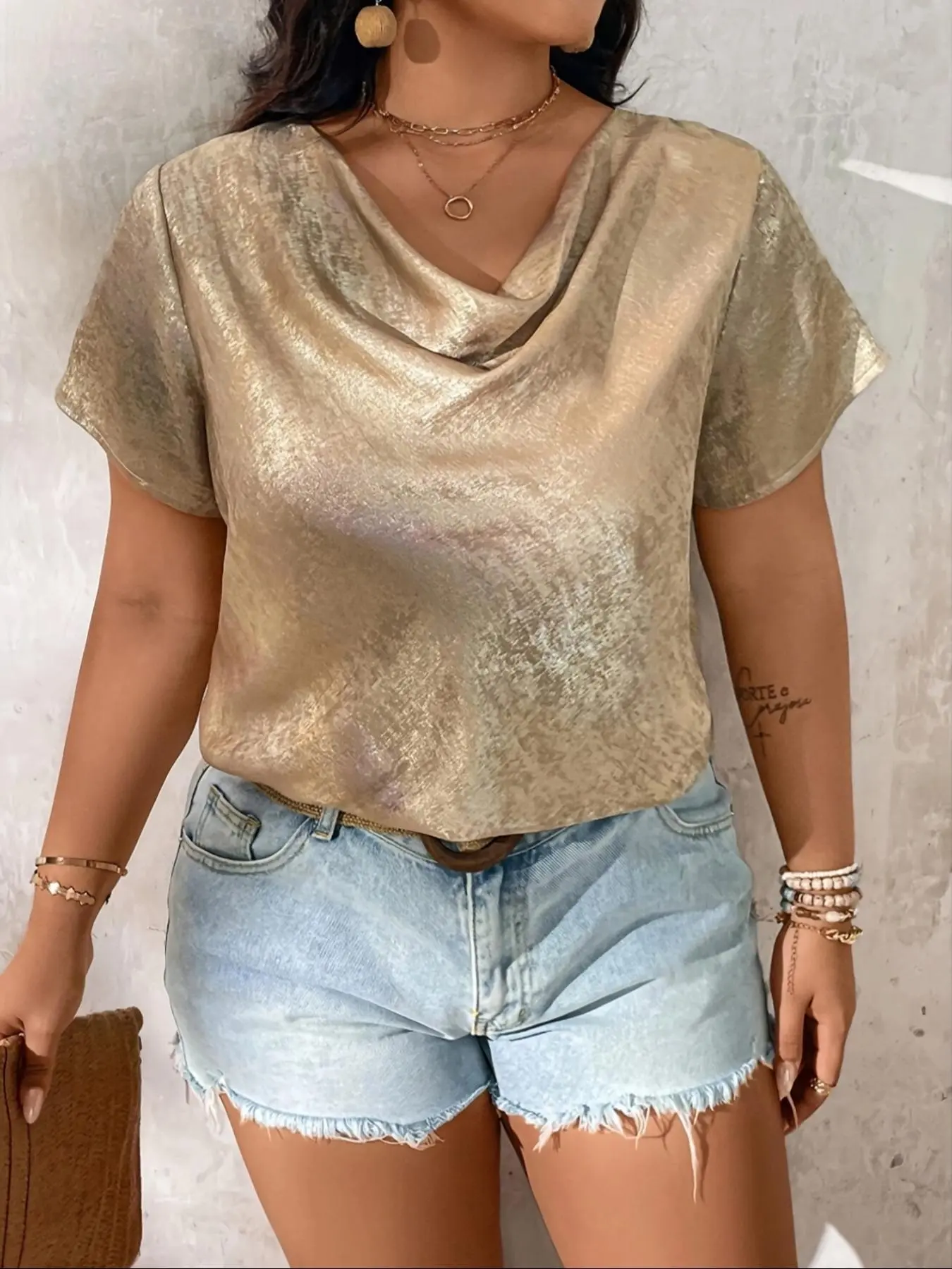 【Plus Size】 Metallic Color Cowl Neck Blouse, Casual Short Sleeve Top for Summer, Women's Plus Clothing for Daily Wear