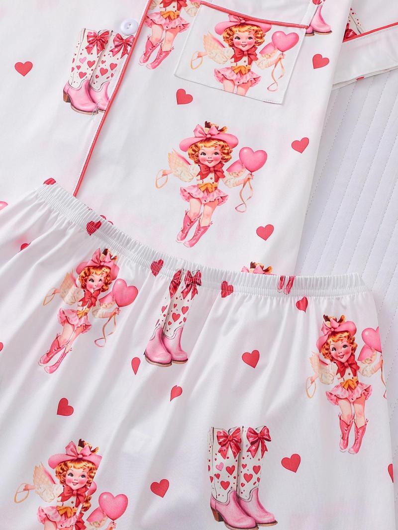 Product Introduction of Women's All Over Cartoon Print Button Front Shirt & Shorts Pyjama Two-piece Set, Casual Comfy Short Sleeve Top & Shorts Pj Set, Ladies Sleepwear for All Seasons, Pajamas 7
