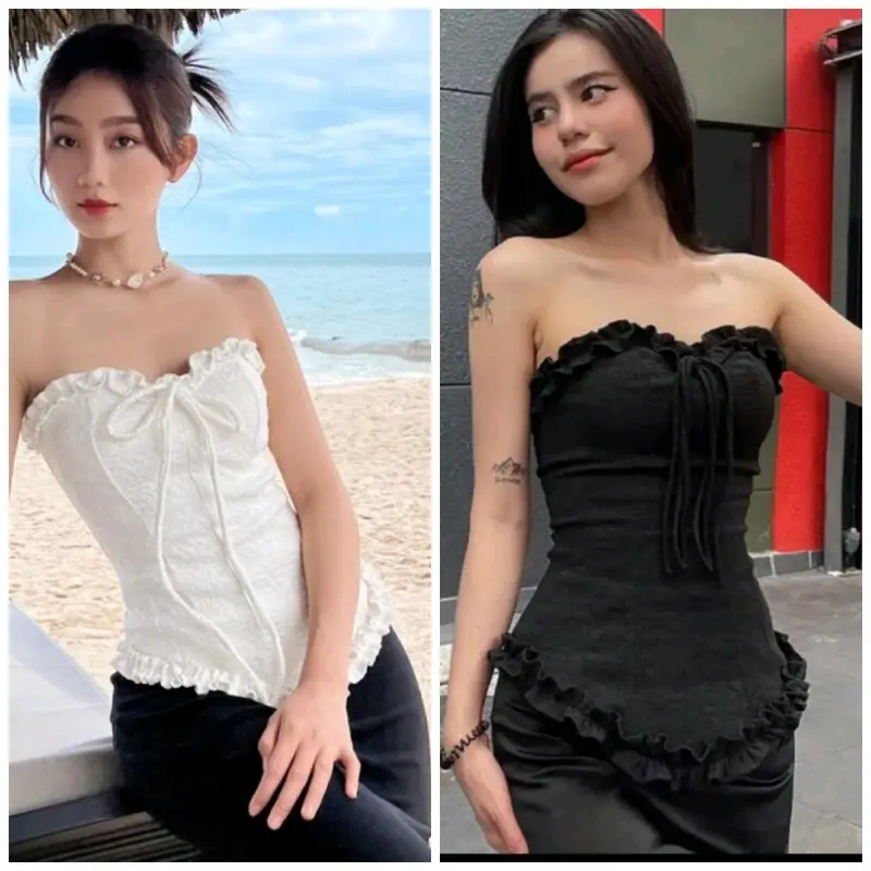 [Size S M] A020 Áo xốp croptop nữ viền bèo lai dây cột cổ 0