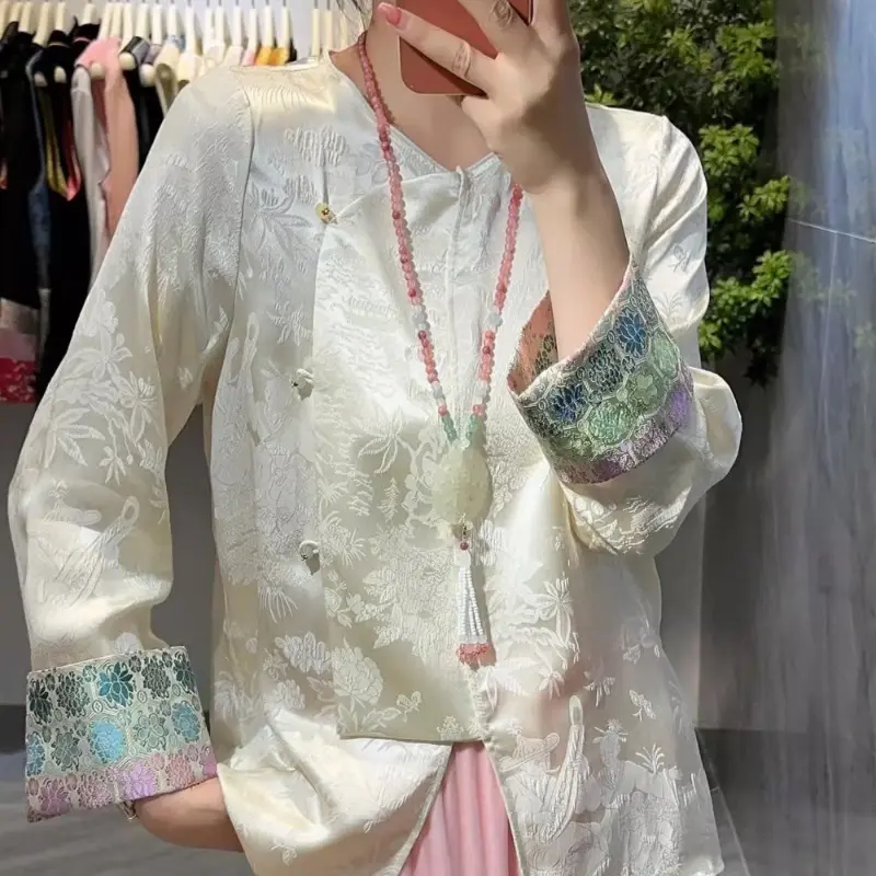 Áo Sơ Mi Nữ Dài Tay, Phong Cách Trung Quốc Cổ Điển Court Raised Thêu Chắp Vá, Dáng Rộng Vừa Vặn, Còn Hàng