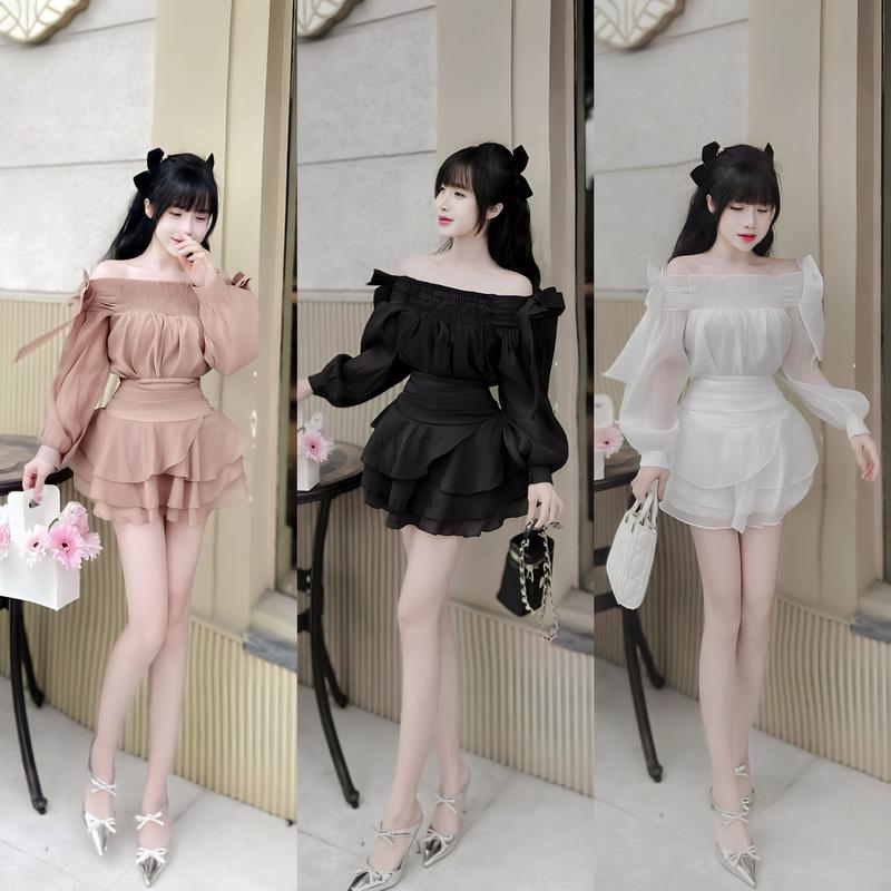 [S03] Set chân váy áo trễ vai đính nơ phong cách tiểu thư cách điệu _ Anh Thư