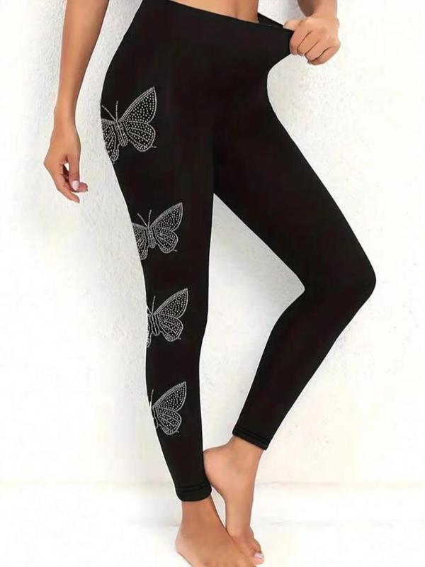 【Plus Size】 Rhinestone Decor Butterfly Pattern Leggings, Casual Comfy High Waist Skinny Pants for Women, Women's Bottoms for Fall & Winter 2