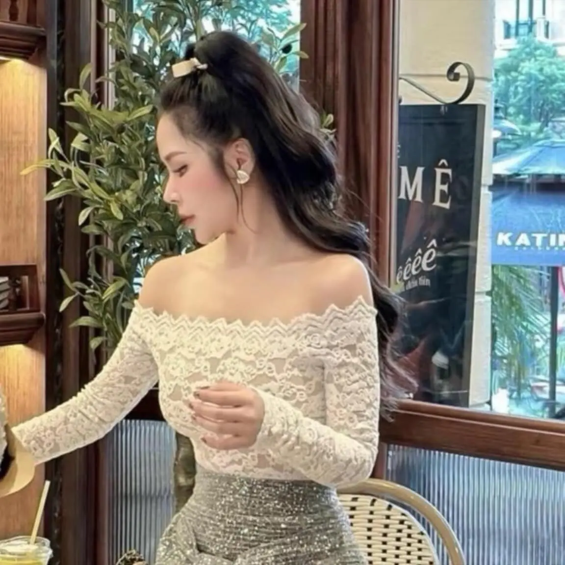 [Có lót ]Áo ren trễ vai chất ren mềm xinh