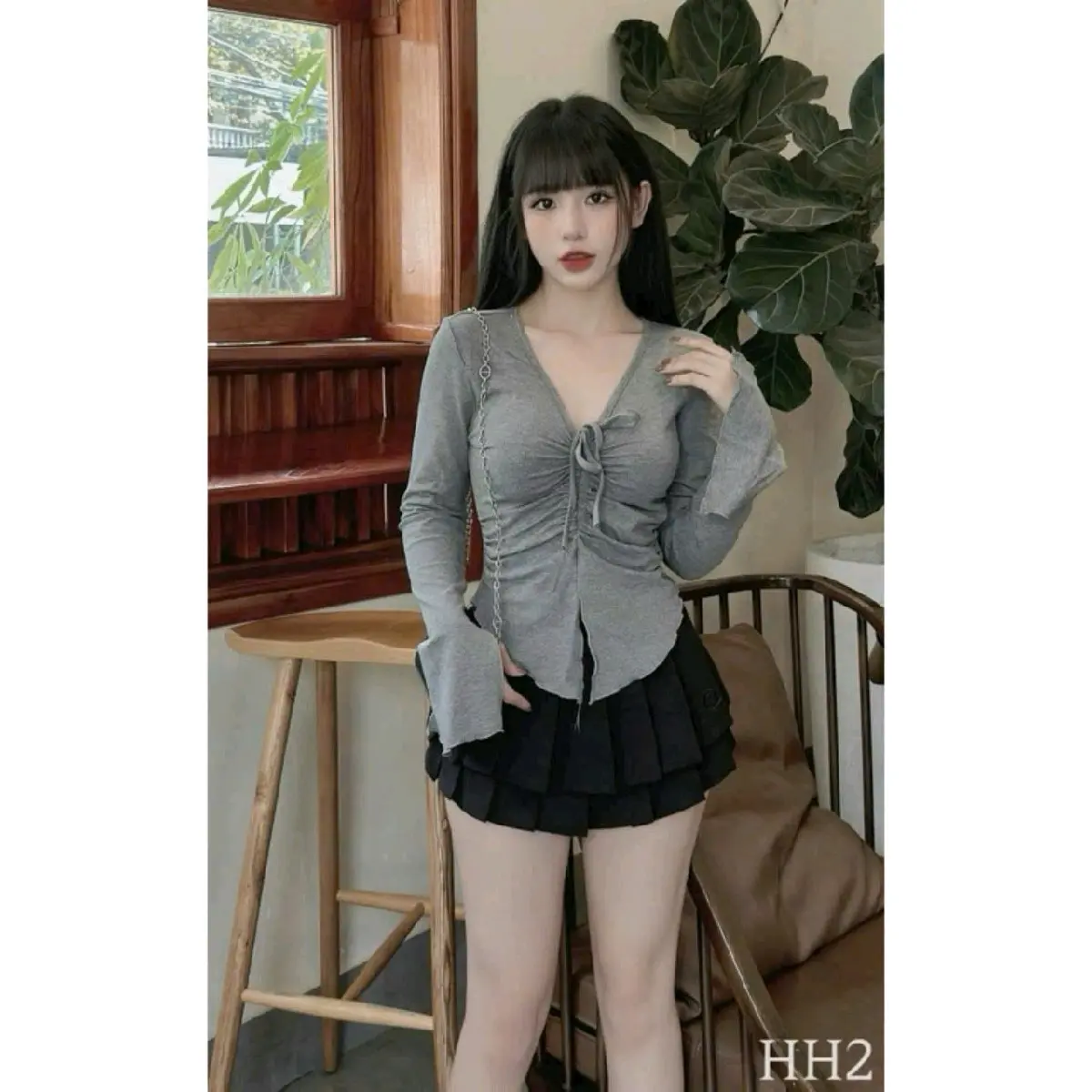 Áo thun nữ tay dài có dây rút ngực chất thun tăm lạnh co giãn 01