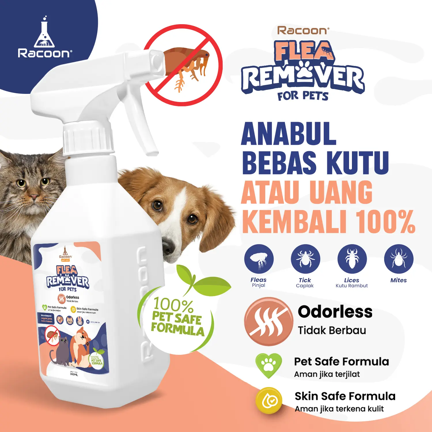 Racoon Flea Remover Spray | Spray obat kutu kucing - anjing & kucing multipak perawatan kutu dan telurnya & tungau permethrin  5 scabies scabies obat obat gudik ampuh bedak kucing anti jamur antiscabies plus clever anjing & kucing 6 bulan