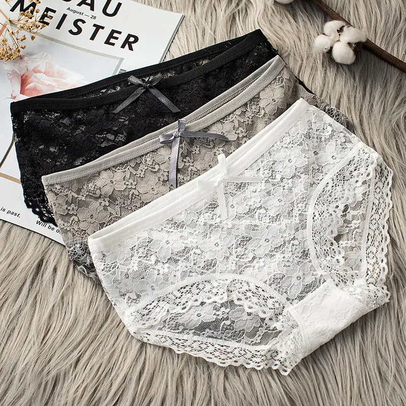 2024 New Lace Women's Panties Low Waist Sheer Mesh Breathable Triangle Underwear Simple Solid Color Bow Lingerie