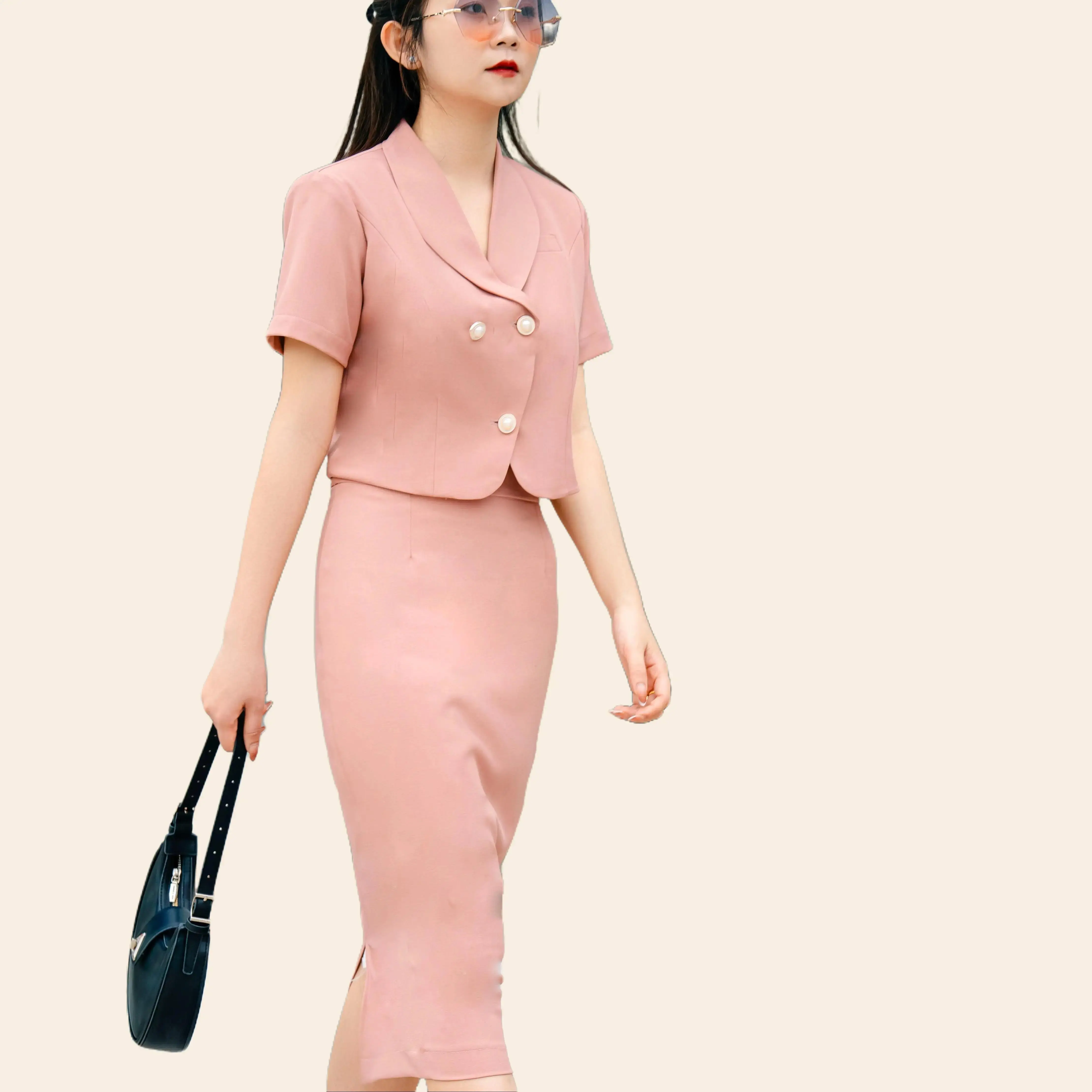 set cộc tay kết hợp chân váy bút chì chất liệu cotton cao cấp màu hồng+ xanh Nữ Áo Women Top Jacket Pants