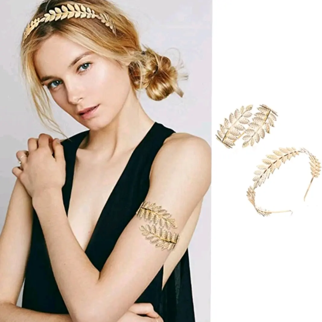 Greek Goddess Accessory Bay Leaf/ Gold Metal Coating Headpiece Armlet Earrings