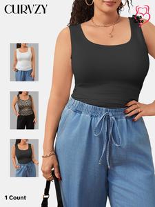 CURVZY Plus Size Solid Color / Leopard Print Tank Top, Casual Sleeveless Top for Summer, Women's Plus Clothing for Daily Wear