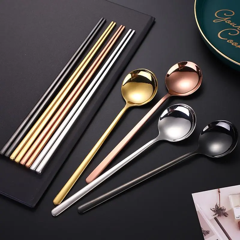 Korean Long Handle Chopsticks Spoon Cutlery Set Reusable Stainless Steel Non-slip Sushi Sticks Food soup Spoon Dinnerware Set