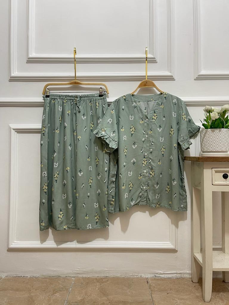 Product Introduction of [DasterHitsMalang] One Set Aira Celana Kulot Panjang 7/8 /One Set Kancing Depan/One Set Lengan Rempel/Setelan Wanita Baju Karet Katun Kerah Rayon Motif Atasan Busui Pendek Kotak 2