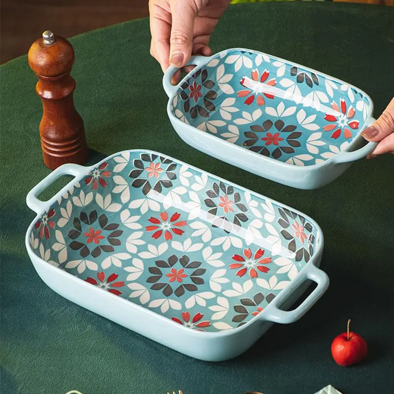 Floral Pattern Rectangular Baking Dish, 1 Count Double Handle Baking Pan, Baking Tray, Kitchenware for Home Use, Housewarming Gift 2