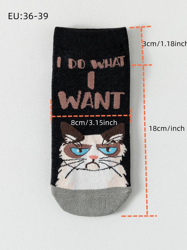 Women's 5 Pairs Cartoon Cat & Letter Print Colorblock Ankle Socks, Cute Comfortable Breathable Low Cut Socks for Daily Wear, Ladies Socks for Spring & Fall 1