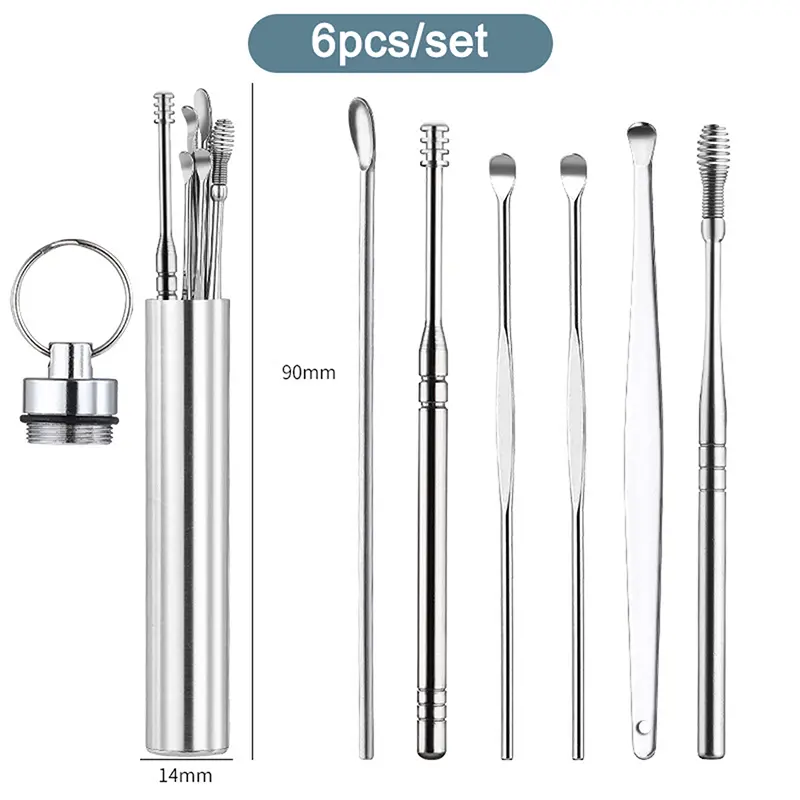 Dụng Cụ Lấy Ráy Tai, Thép Không Gỉ, Cầm Tay, Lò Xo Xoắn Ốc, Bộ 6 Cái, Dụng Cụ Làm Sạch Tai