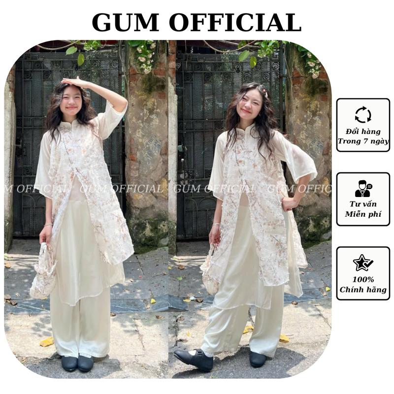 Áo dài cách tân Mai Thi kèm quần+túi vải tơ thêu hoa đào Cầm Kì Thi Hoạ Gum Official, Áo Dài Tứ Thân thiết kế dáng suông tay lỡ,  Áo dài ngũ thân tay chẽn