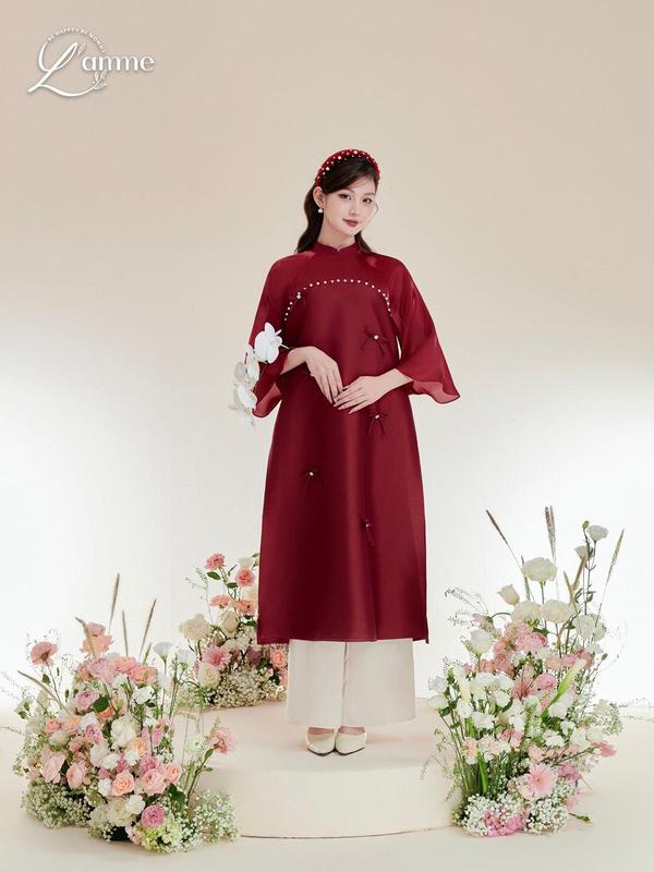 [L'AMME] CÁT TƯỜNG Áo dài bầu KÈM QUẦN LỤA be Kem áo dài Tết Ất Tỵ 2025, áo dài cách tân chất liệu lụa Tafta thiết kế phối tơ óng đính ngọc dành cho mẹ bầu BY L'AMME