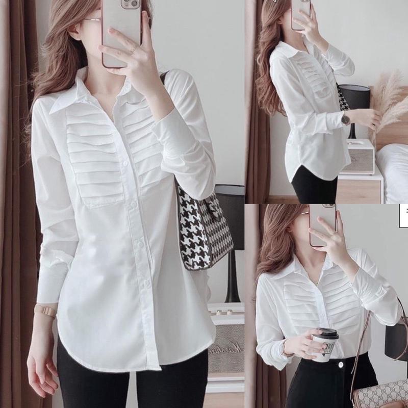Áo sơ mi trắng nữ tay dài đi học áo kiểu điệu đuôi tôm phối viền ren ngang ngực Áo sơ mi kiểu tiểu thư hàn quốc công sở Top Thun Cotton Women Voi Shirt