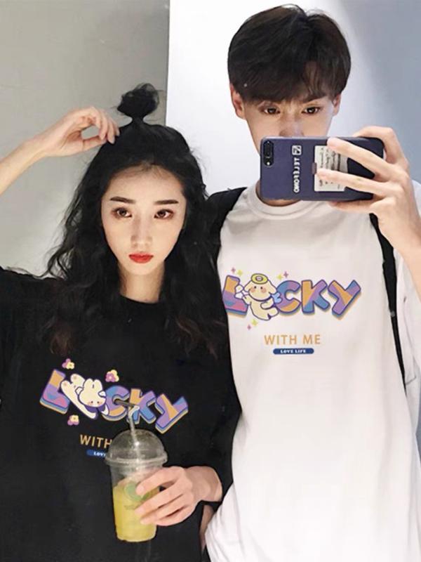 Áo cặp nam nữ, áo đôi in hình happy lucky đáng yêu mặc cặp với người yêu (GIÁ 1 ÁO) chất cotton thoáng mát amor couple đồ 7
