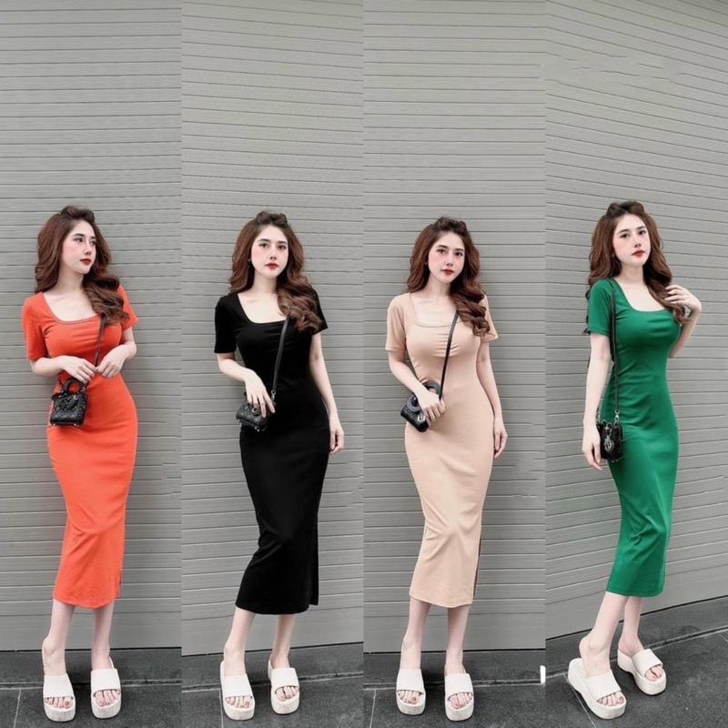 Váy body cổ U dáng maxi có xẻ cực tôn dáng loại 1 chất zip đẹp