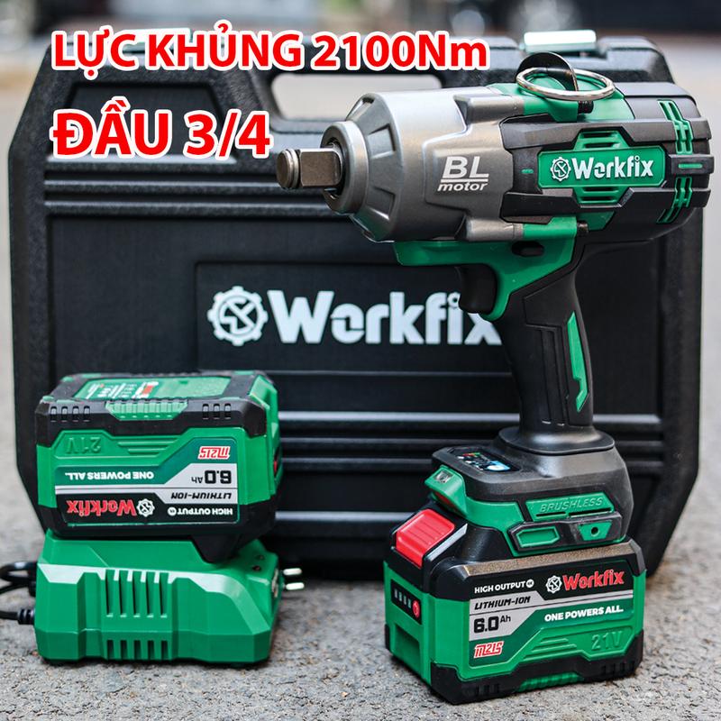 Máy Siết Bulong WORKFIX - IW2100N Màu XANH, Đầu 3/4 Lực Siết 2100 N.m, 2 Pin 15cell 6Ah, Mở ốc bánh xe tải, xe khách, ốc lớn