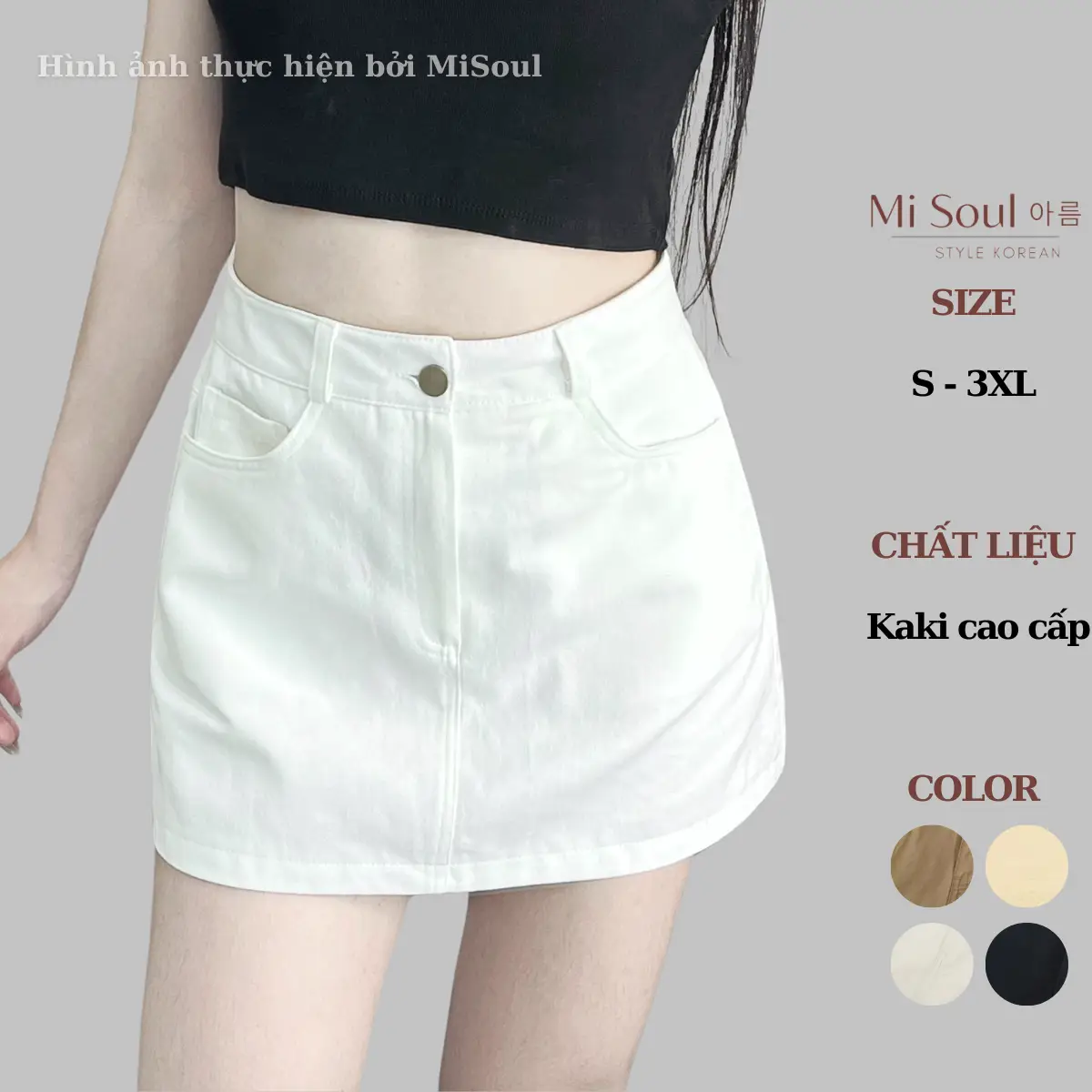 Chân Váy Kaki Dáng Ngắn Có Lót Trong BigSize MiSoul, Chân Váy Kaki Dáng Ngắn Mini Cạp Khuy BigSize 255 Nữ Women Đen