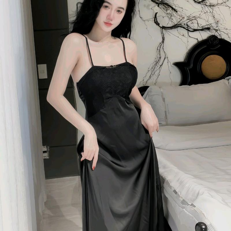 Đầm 2 dây cup ngực tiểu thư hở lưng quyến rũ - dáng dài chất vải lụa latin Freesize 4O - 57kg Váy Ngủ Đầm Ngủ Dress Women Nữ Đen áo liền quần trắng + áo ngoài draped