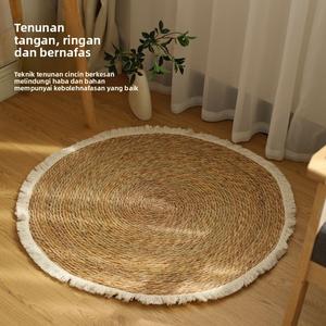 Soft Textiles Tikar Lantai Bulat Tenunan Jerami, Buatan Tangan, Gaya Jepun, Sesuai untuk Ruang Tamu dan Meja Kopi, Reka Bentuk Rumbai Gaya Nordic, Permaidani Bilik Tidur, Tikar Kerusi Pusing