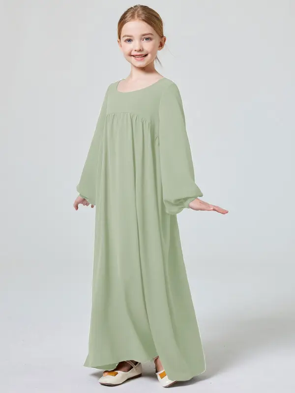 Muslim Girl's Solid Ruched Bishop Sleeve Smock Dress without Hijab, Modern Abaya Dress, Modest Outfits, Cute Clothes, Cute Casual Round Neck Long Sleeve Dress for Daily Wear, Kid's Summer Clothes 8