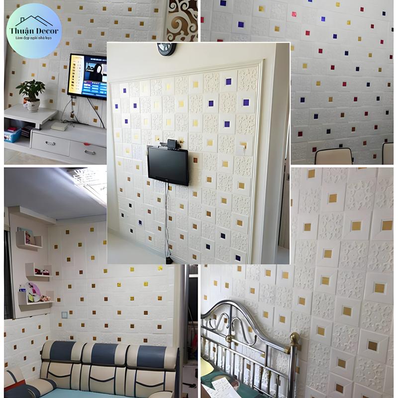 Combo 70 Miếng Xốp Dán Tường Hoa Văn Kèm Nhũ Màu Xám Có Sẵn Keo Dán KT 70*70cm