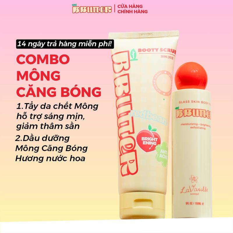 Combo vòng3 căng bóng: Gel tẩy tế bào chết body B.butter scrub 300ml & Dầu dưỡng da siêu căng bóng Bbutter Body oil 150ml hỗ trợ da mịn mượt đều màu Dưỡng Da Body Dưỡng Body
