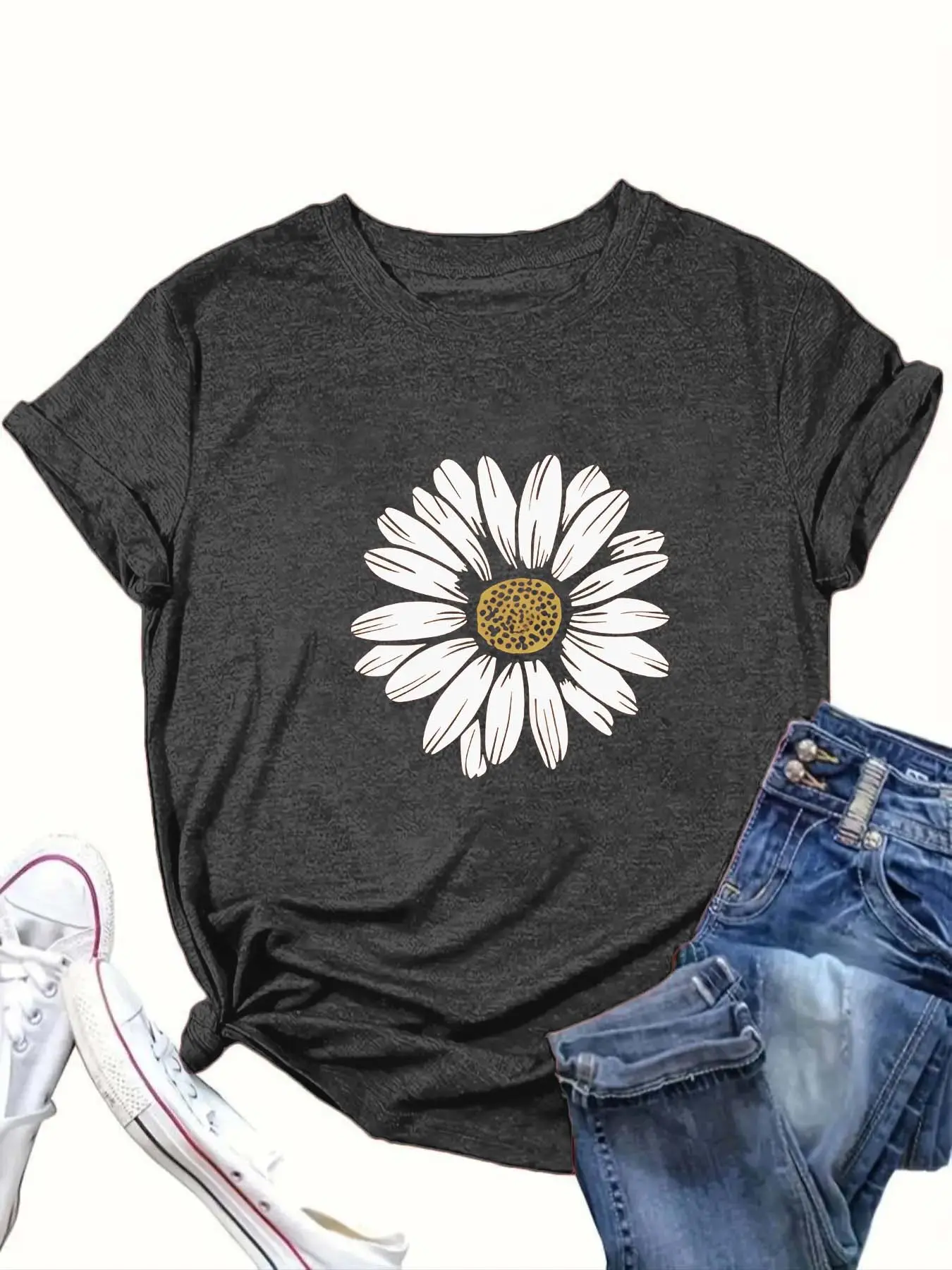 【Plus Size】 Daisy Print Round Neck Tee, Casual Graphic Short Sleeve Crew Neck T-shirt for Summer, Women's Plus Clothing for Daily Wear, Summer Tops