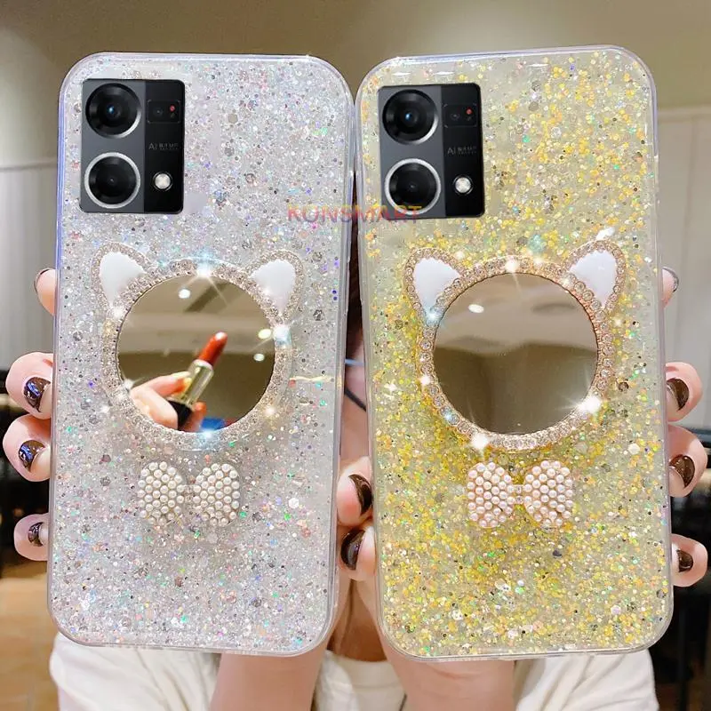 Ốp lưng cho OPPO Reno7 4G Reno7 5G Reno7 Z 5G 2022, ốp lưng điện thoại lấp lánh sáng bóng cao với gương trang điểm dễ thương cho OPPO A96 A76 Realme 9i 8i, ốp lưng TPU mềm và linh hoạt