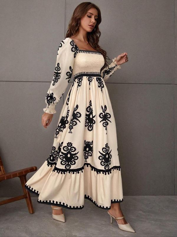 Women's All Over Print Shirred Bishop Sleeve A Line Dress, Long Sleeve Dress for Fall & Winter, Women's Clothing for Vacation Holiday, Holiday Dresses 3