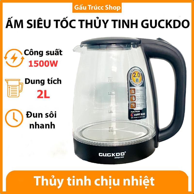 Ấm Siêu Tốc thủy tinh 2 lít GUCKDO, tự ngắt khi sôi, Nút mở nắp, công suất 1500W, Đun sôi nhanh, màu xanh và đen, bảo hành 12 tháng ( kích thước ấm 22cm x 16cm x 22cm ) Bình Đun Nước Đun Siêu Tốc