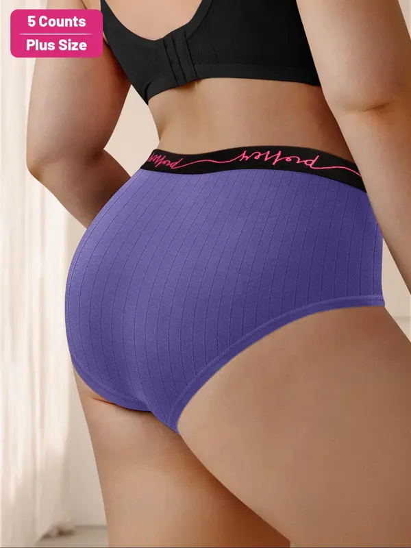 【Plus Size】 Colorblock Letter Tape Mid Waist Briefs, Soft Comfy Breathable Panty for Daily Wear, Women's Underwear for All Seasons 1