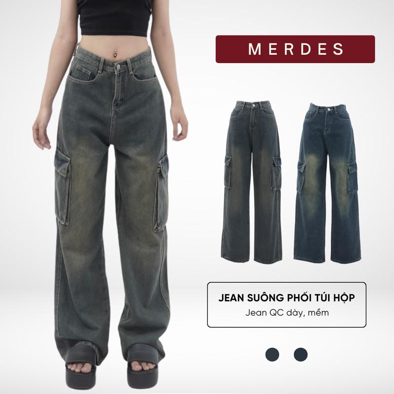 Quần Jean Nữ ống suông phối túi hộp tối giản 2 màu năng động Vải QC phối rách Q919 MERDES