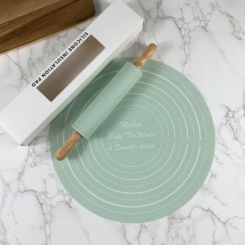 Thảm Silicon nhào bột chống dính hình tròn kèm cây lăn bột silicone cán gỗ