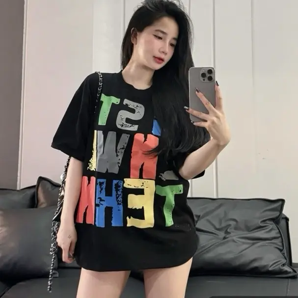 Áo phông Cổ Tròn  -thun lạnh co dãn 2 chiều  - in pét 5D chữ HST - from rộng thụng dấu quần Top Nữ Voi
