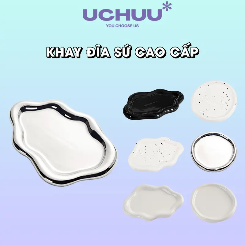 Khay Sứ Mạ Bạc Cao Cấp UCHUU, Đĩa Viền Dày Đựng Trang Sức, Đồ Ăn, Background Chụp Ảnh, Decor Phòng 0