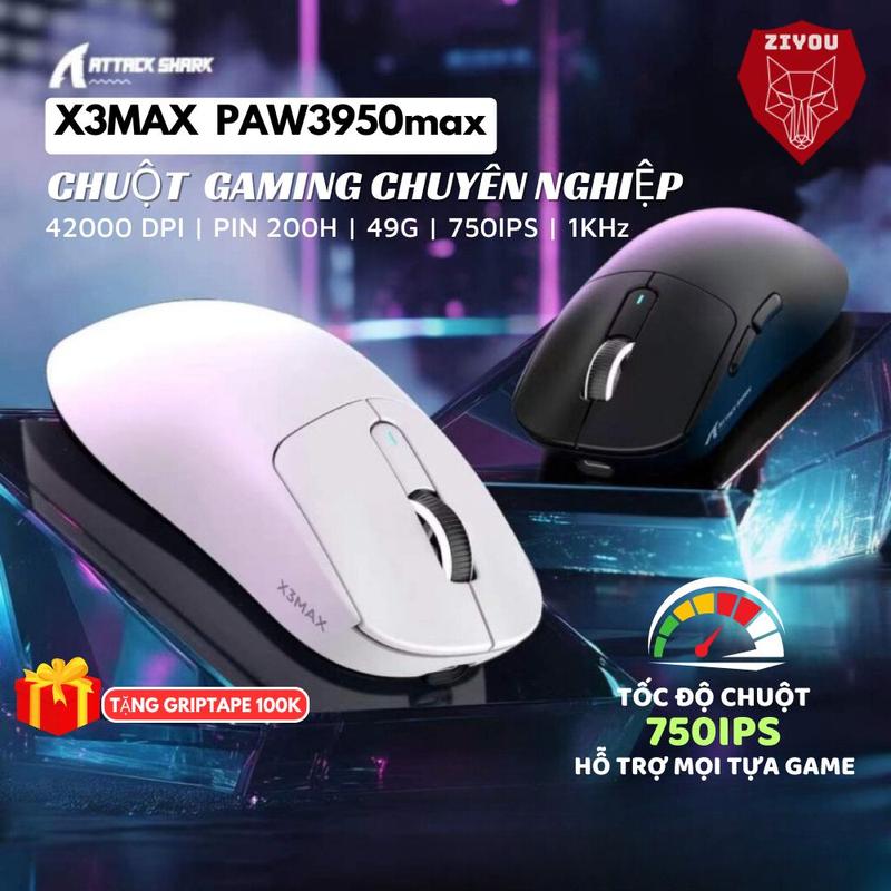 Chuột Gaming Bluetooth Không Dây Ziyou Attack Shark X3Max Sensor Paw3950Max Cực Mạnh Có App Macro