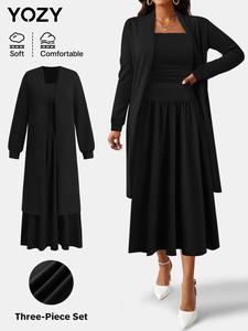 YOZY Three-Piece Set Women's Solid Color Long Sleeve Open Front Coat & Ruched Tube Bodysuit & Skirt, Casual Fashion Cozy Three Piece Outfits for Daily Outdoor Wear, Ladies Clothes for All Seasons