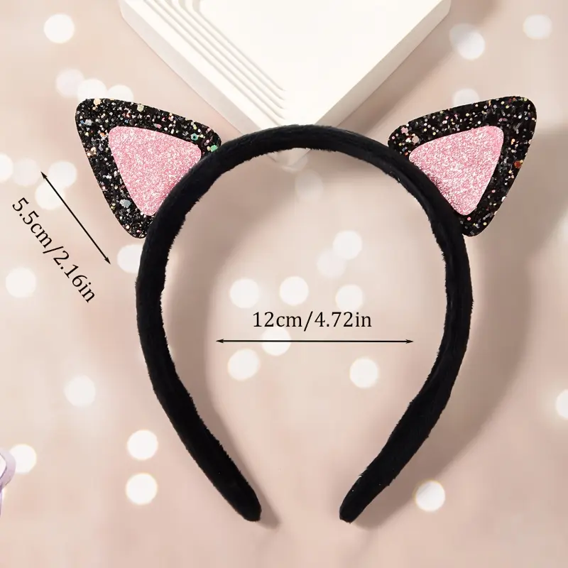 1pc Cute Cat Ear Headband with Glittery Pink Accents  Black & White Design for Parties, Christmas, New Years, Valentines Day, and Back-to-School Accessories, 4